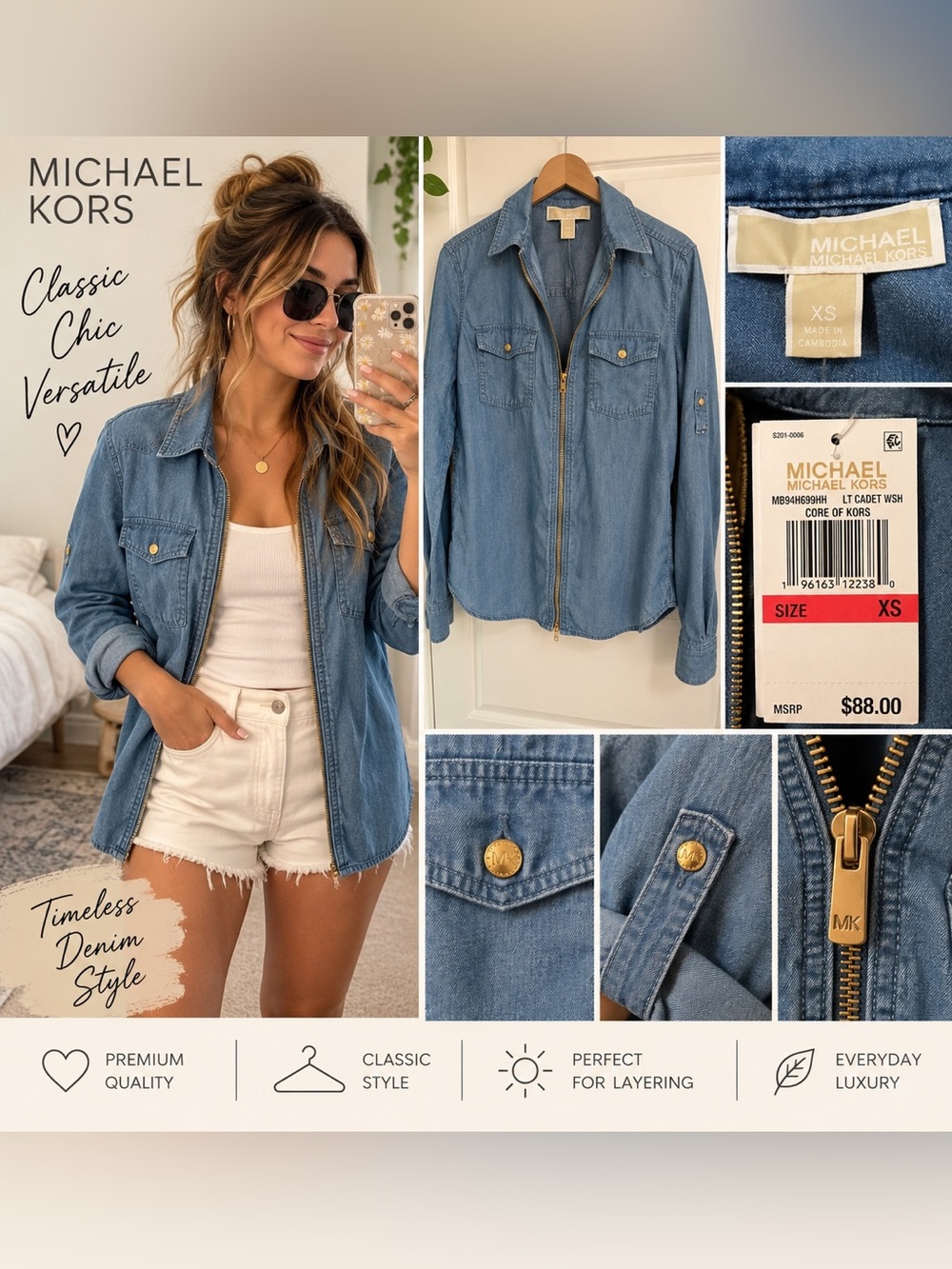 NEW WITH TAGS - Michael Kors Light Blue Denim Zip-Front Shirt Jacket